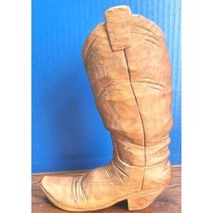 Vintage Folk Art Hand Carved Wooden Cowboy Boot Signed GENE CLEVENGER 9" Tall